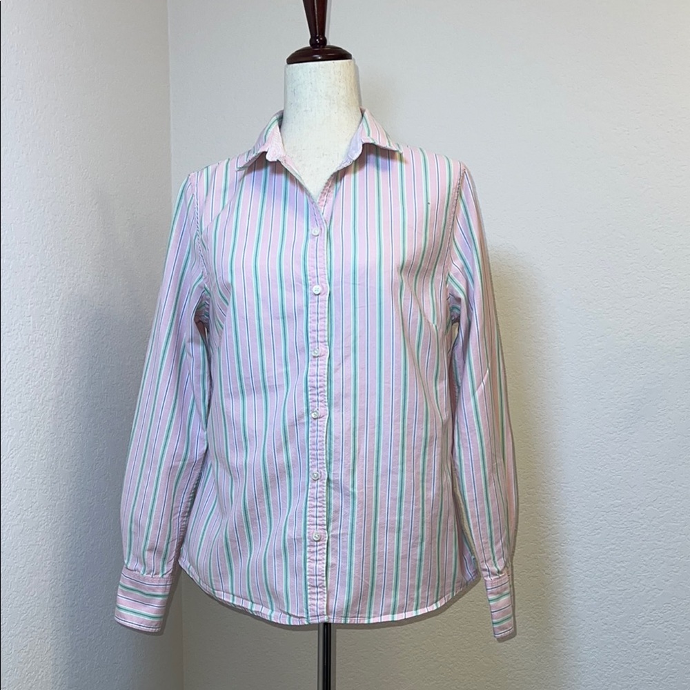 Lands' End Pink and Green Casual Button Down Shirt